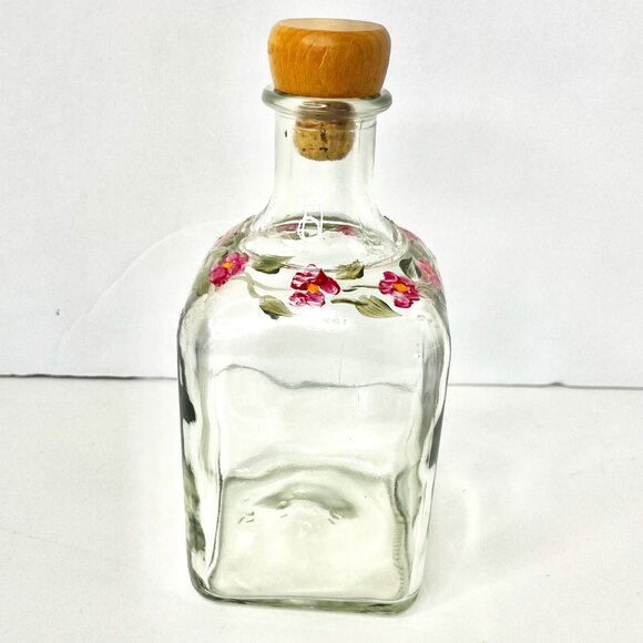Floral Clear Glass Apothecary Bottle Hand painted Pink Flowers & Green Leaves - Picture 1 of 12